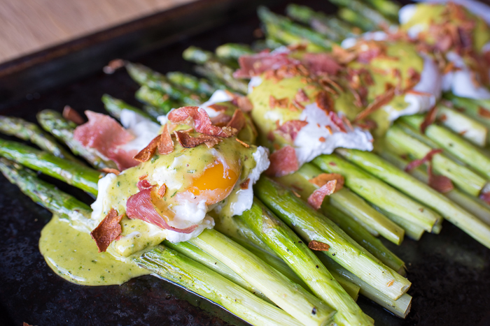 Roasted Asparagus With Poached Eggs And Basil Hollandaise